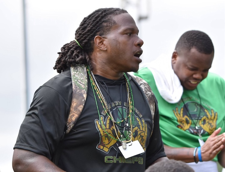 Featured: Coach Kiven addressing his 25 youth football players (left), HC Trae Addison (right)